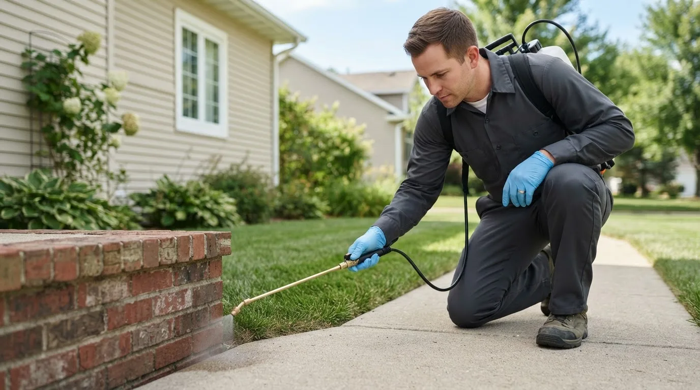 Pest control technician treating a home near Dickens, IA